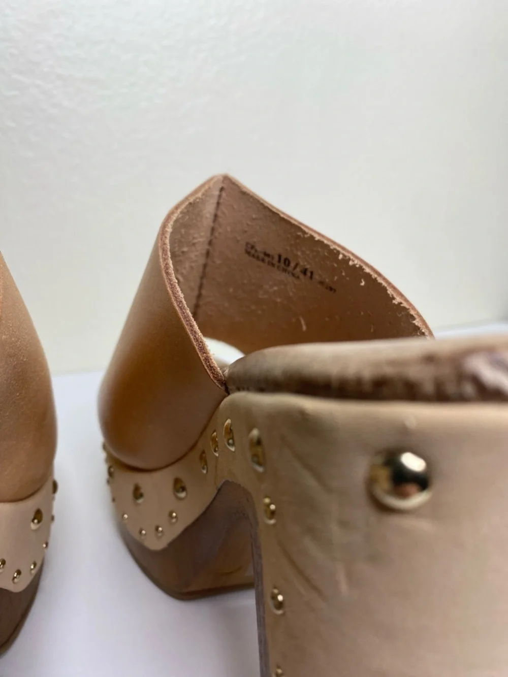 Chinese Laundry Women's Tan Leather Studded Platform Peep Toe Mules - Picture 5 of 14